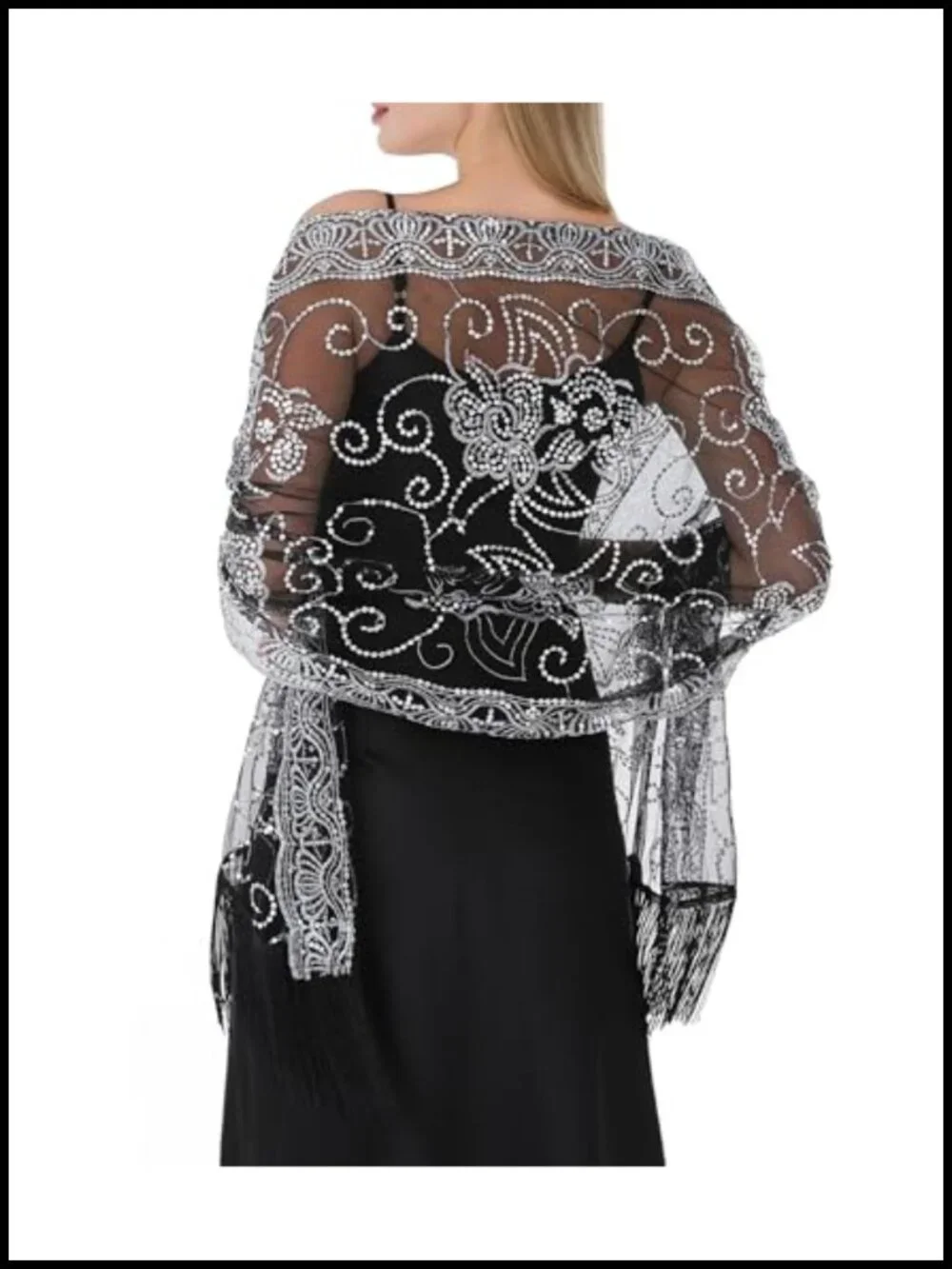 Evening Bridal Shawl Wrap Sequin Lace Chiffon Fringe Pashmina Scarf